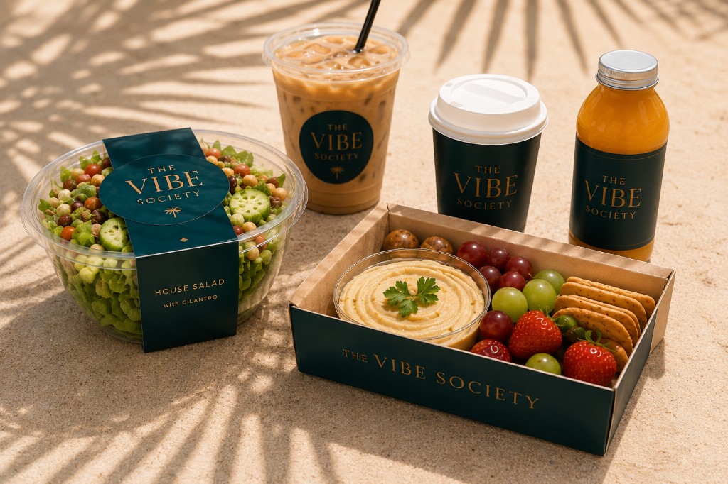 The Vibe Society day vibe — beach-ready salads, coffee, bottled drinks, and snack boxes on a beach towel