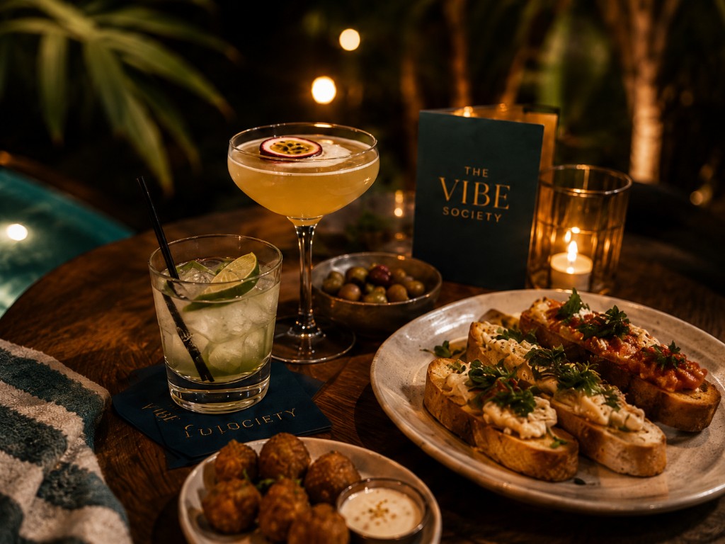 The Vibe Society night vibe — cocktails, share plates, and warm poolside evenings