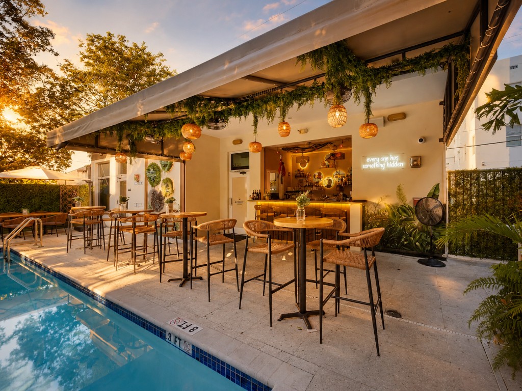 Poolside bar and courtyard seating at The Lemon Branch Hotel, Miami Beach