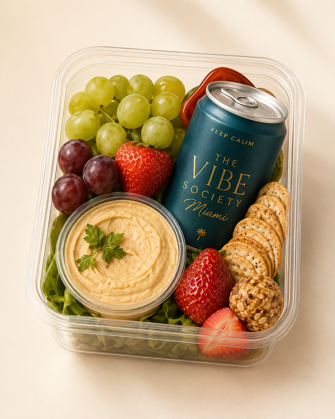 The Vibe Society beach snack box with fruit, hummus, crackers, and branded can.